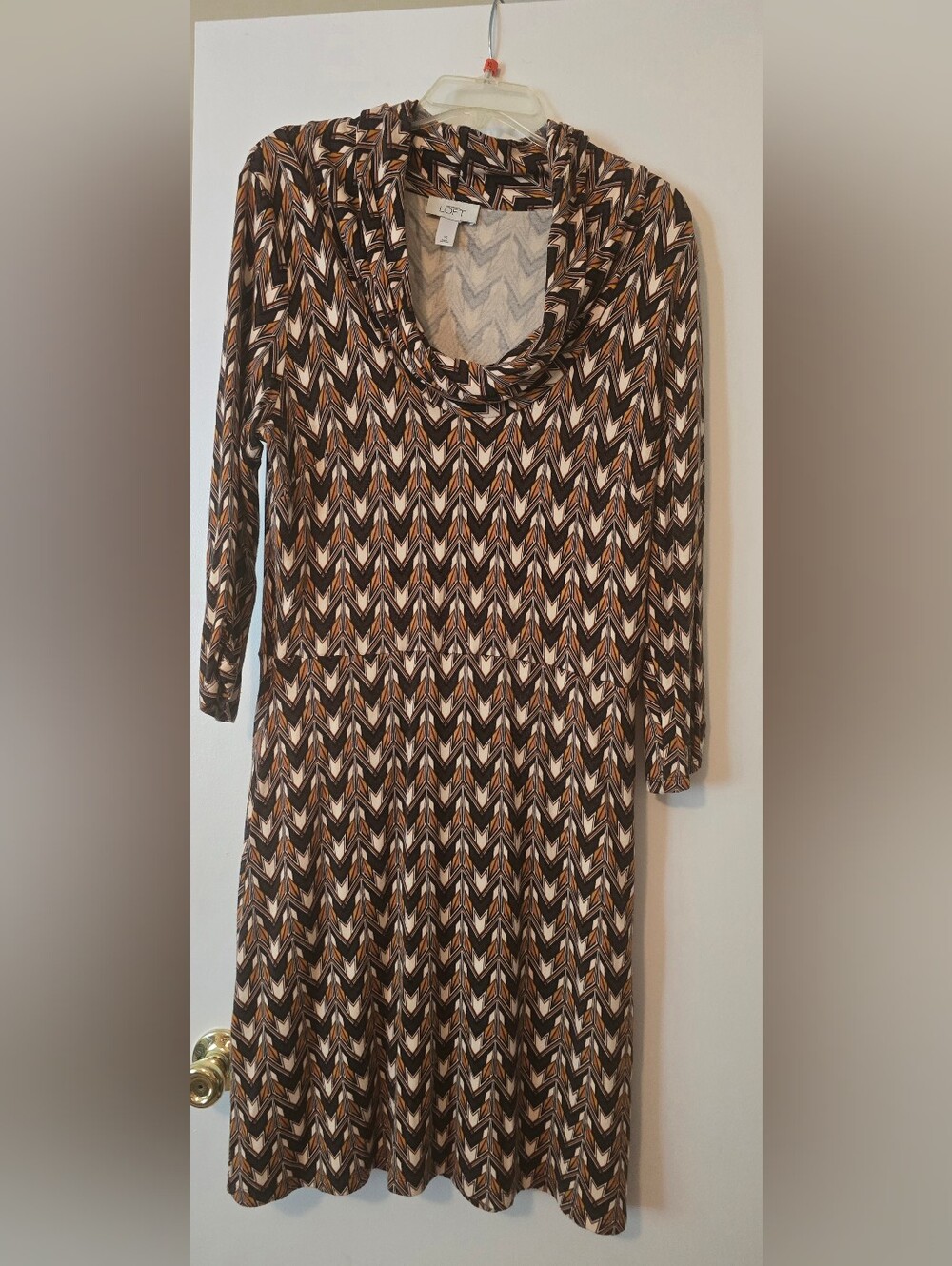 LOFT Chevron Cowl Neck Dress Brown Geometric Retro Size 14